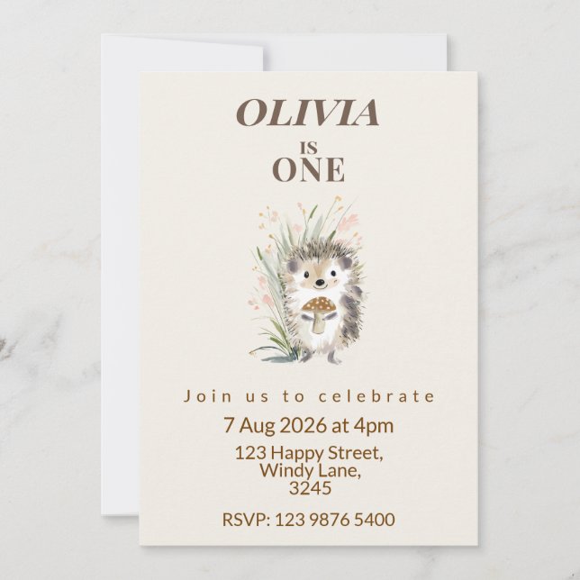 Woodland Hedgehog First Birthday Invitation (Devant)
