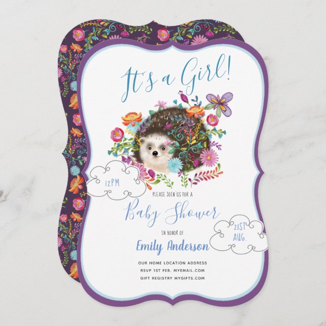 Woodland Hérisson bébé fille douche Invitations (Devant / Derrière)