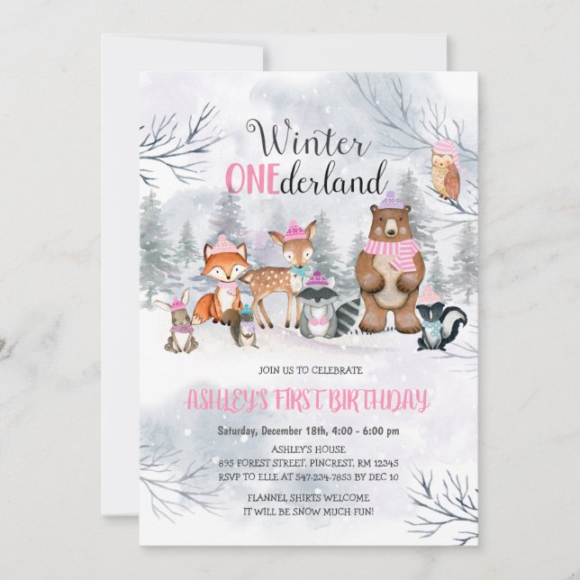 Woodland ONE derland Anniversaire Invitation fille (Devant)