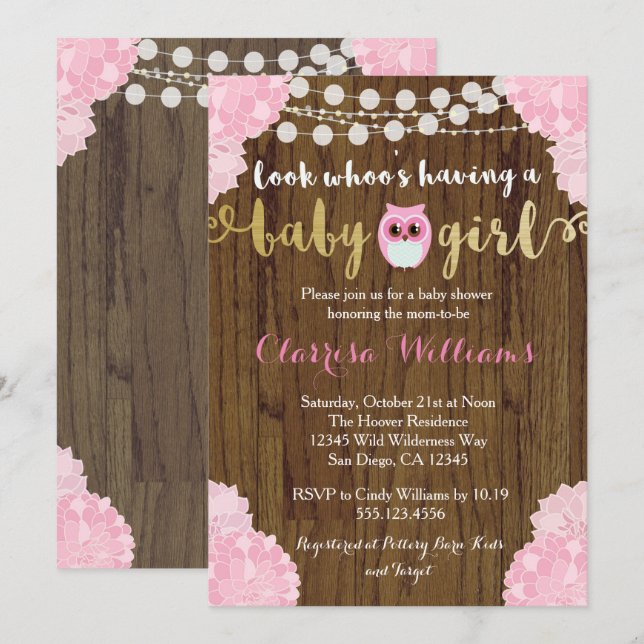 Woodland Owl Baby Girl Shower Invitation (Devant / Derrière)