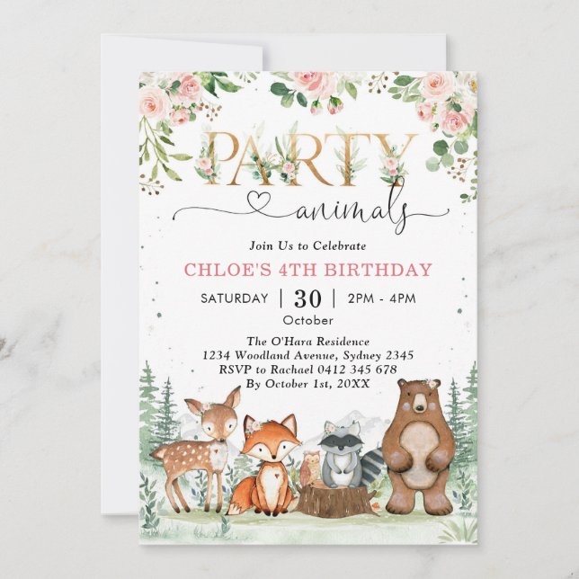 Woodland Party Animals Girl Birthday Invitation (Devant)