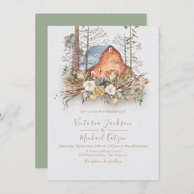 Woodland Red Barn Forest invitations de mariage (Devant / Derrière)