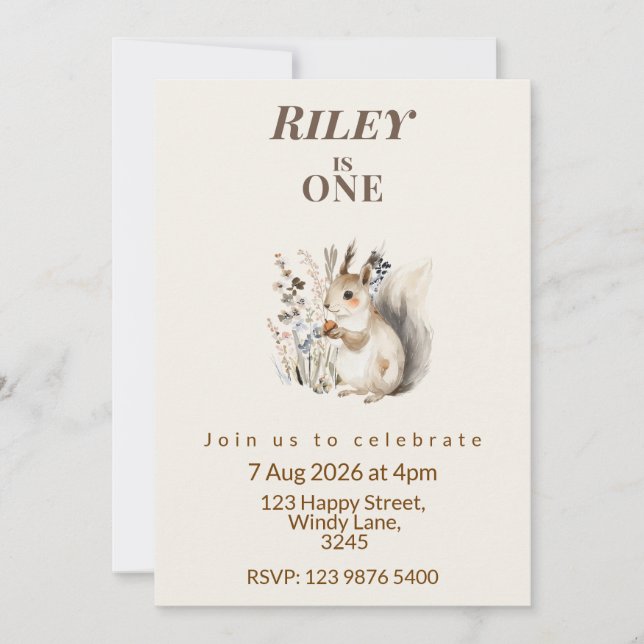 Woodland squirrel First Birthday Invitation (Devant)