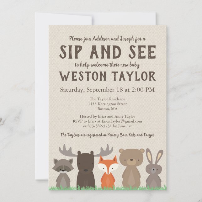 Woodland thème Sip et voir les invitations (Devant)