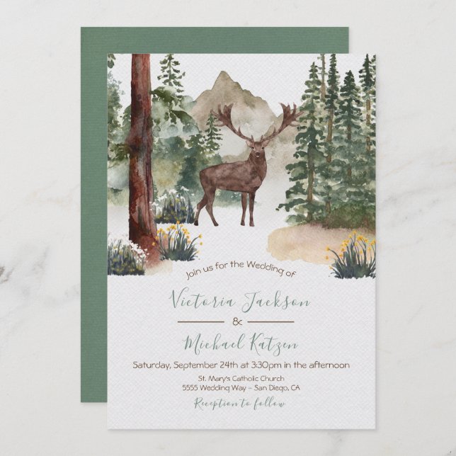 Woodland Watercolor Forêt invitations au mariage (Devant / Derrière)