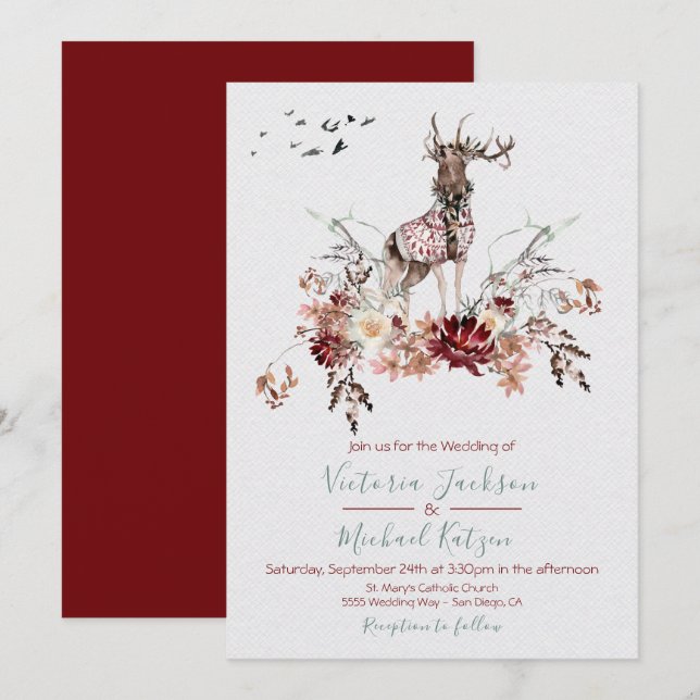 Woodland Watercolor Invitations de mariage hiverna (Devant / Derrière)