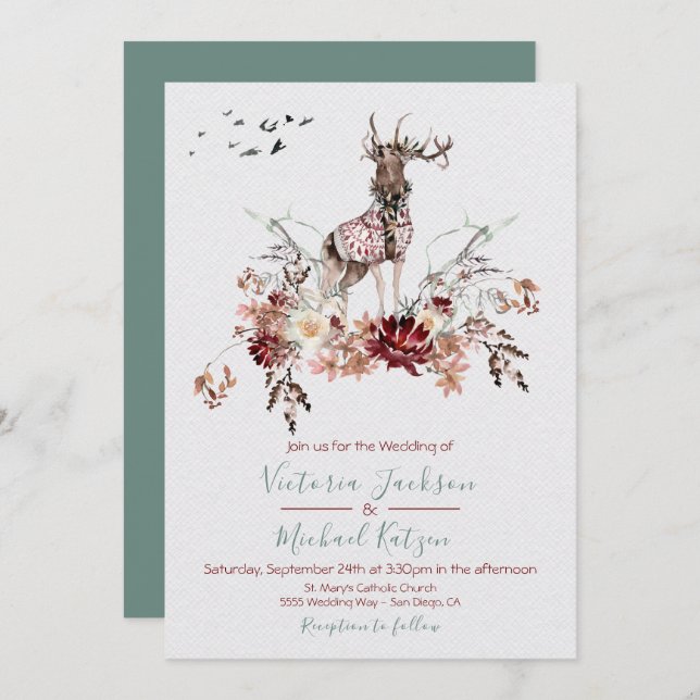 Woodland Watercolor Invitations de mariage hiverna (Devant / Derrière)