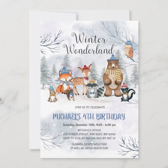 Woodland Winter Wonderland Birthday Boy Invitation (Devant)