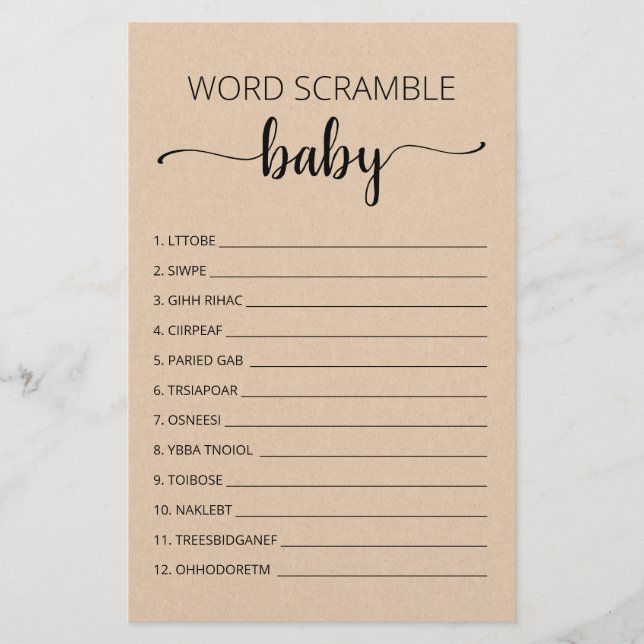 Word Scramble Baby Jeu Baby shower partie (Devant)