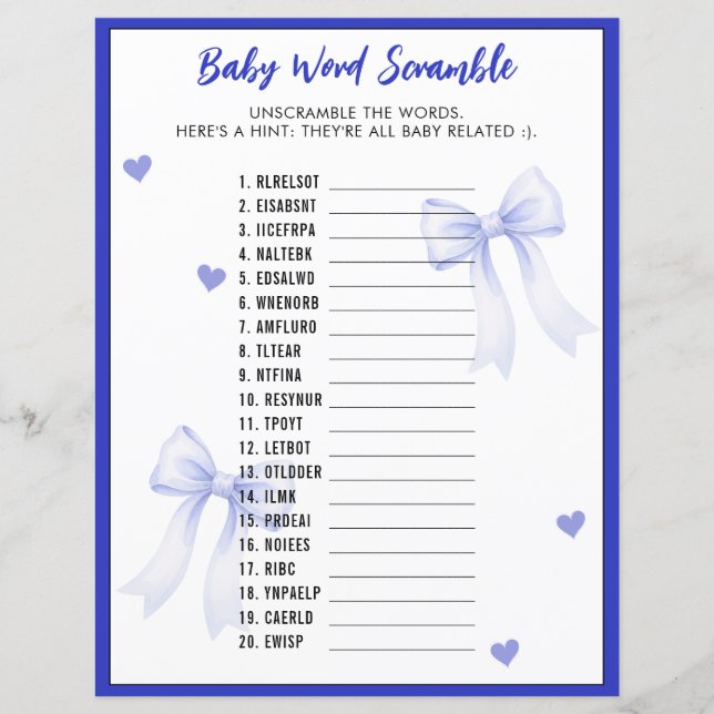 Word Scramble Baby Shower Game Blue Bow Ribbon (Devant)
