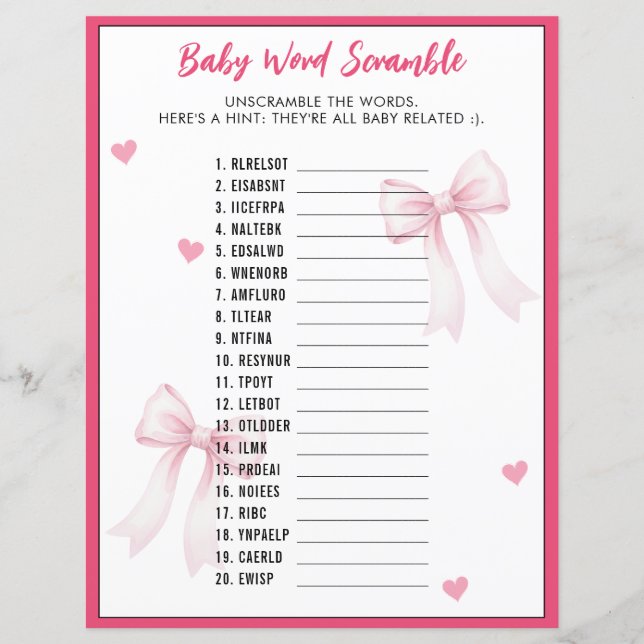 Word Scramble Baby Shower Game Pink Bow Ribbon (Devant)