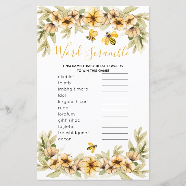 Word Scramble Jeu Bee baby shower Botanique (Devant)