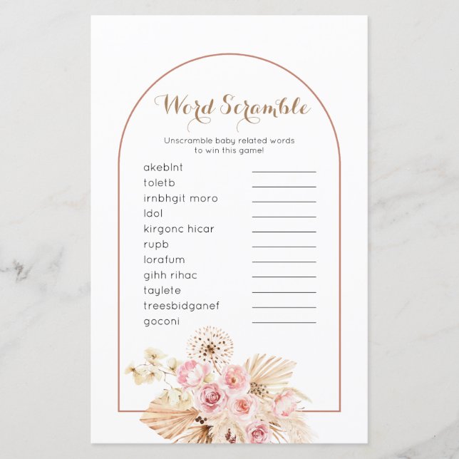 Word Scramble Jeu Rose Floral Boho Pampas Gris (Devant)
