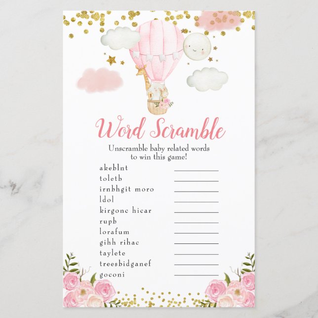 Word Scramble Jeu Rose Hot Air Balloon Animaux (Devant)