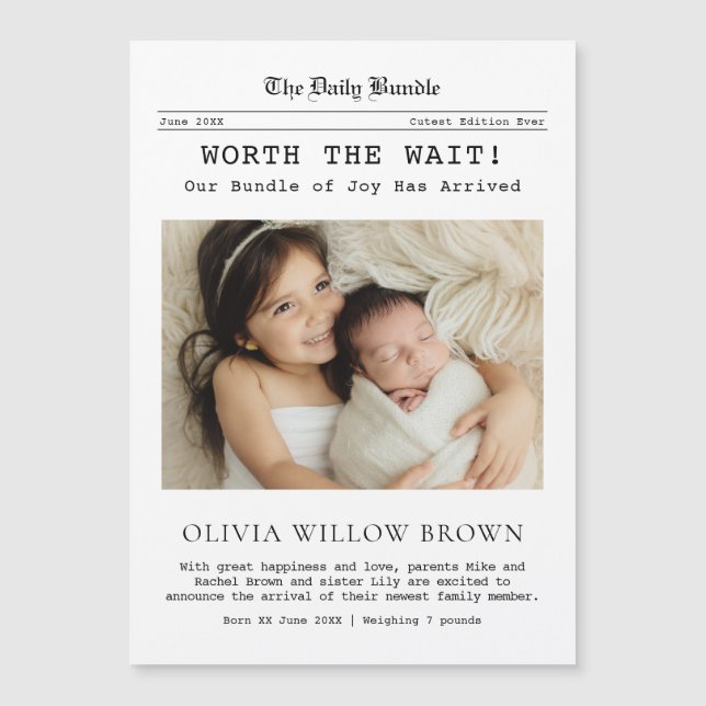 Worth the Wait, Newspaper Newborn Magnetic Card (Devant)