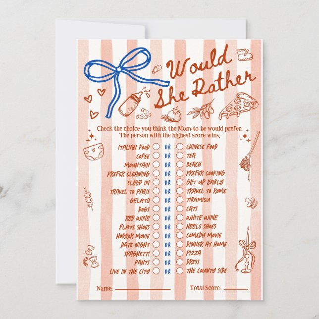 Would She Rather Baby Shower Game in Red Blue (Devant)