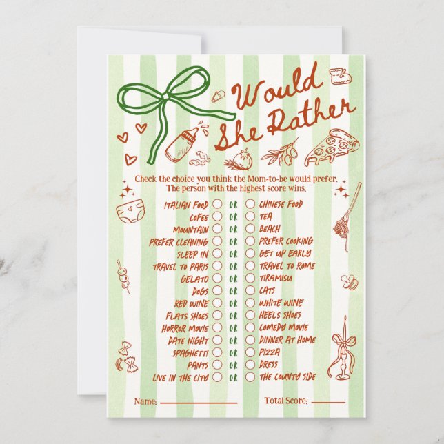 Would She Rather Baby Shower Game in Red Green (Devant)