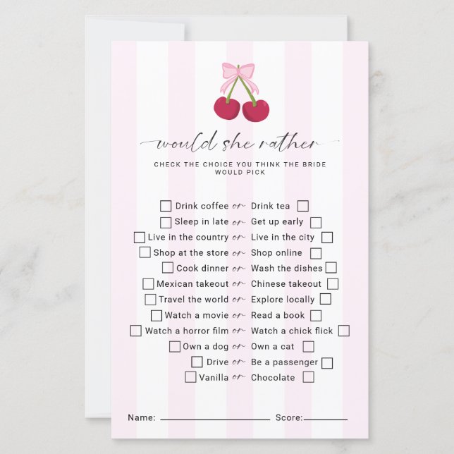 Would She Rather Bridal Shower Game Coquette (Devant)