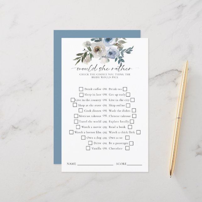 Would She Rather Bridal Shower Game Dusty Blue (Devant/Arrière en situation)