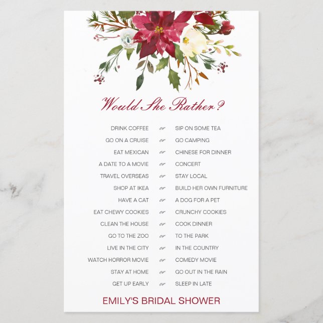 Would She Rather Bridal Shower Game PRINTED (Devant)