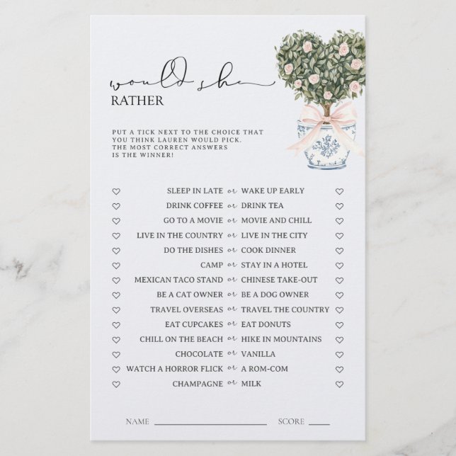 Would She Rather Chinoiserie Pink Shower Game (Devant)