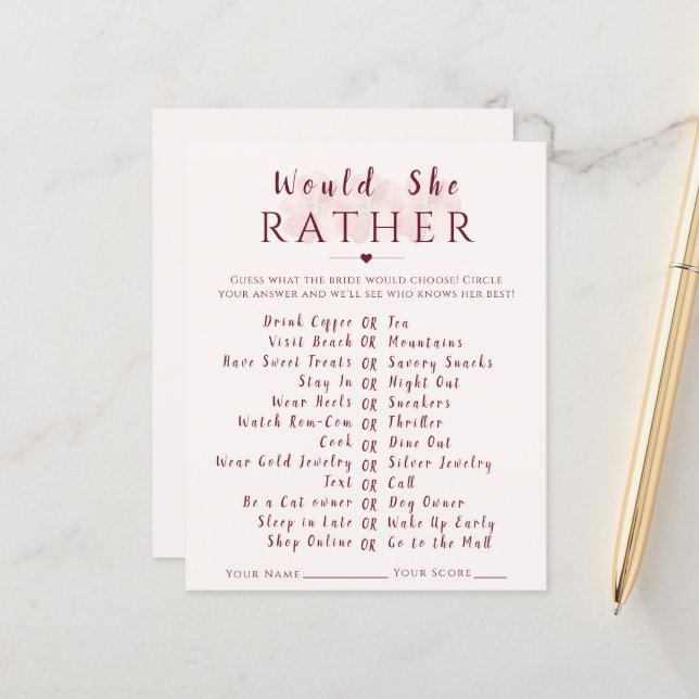 Would She Rather Floral Bridal Shower Game Card (Devant/Arrière en situation)