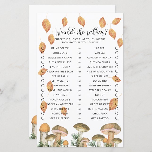 Would She Rather - Jeu de Baby Shower sur le thème (Devant / Derrière)