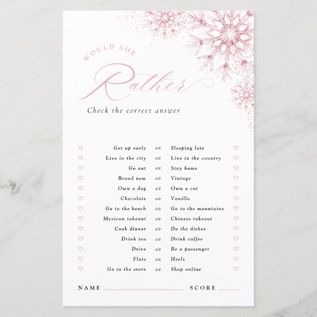 Would She Rather Pink Snow in Love Bridal Shower (Devant)