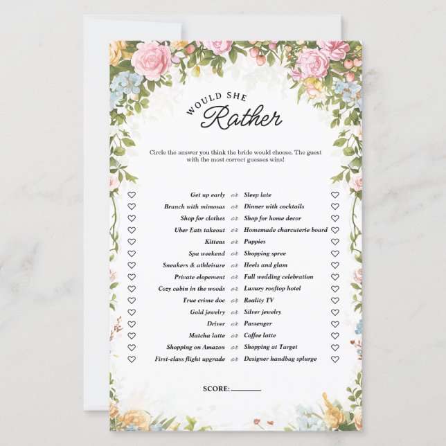 Would She Rather Tea Party Bridal Shower Game (Devant)