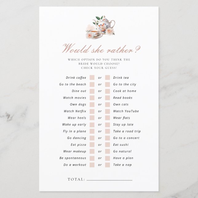 Would She Rather Tea Party Bridal Shower Game (Devant)