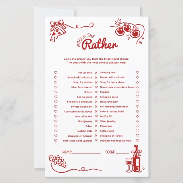 Would She Rather That's Amore Bridal Shower Game   (Devant)