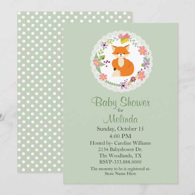 Wreath avec Fox Green Baby shower Invitation (Devant / Derrière)