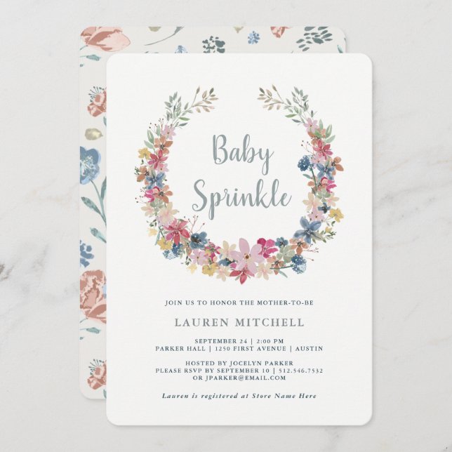 Wreath lunaire | Invitation Floral Baby Sprinkle (Devant / Derrière)