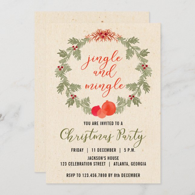 Wreath Vintage Christmas Party Invitation (Devant / Derrière)