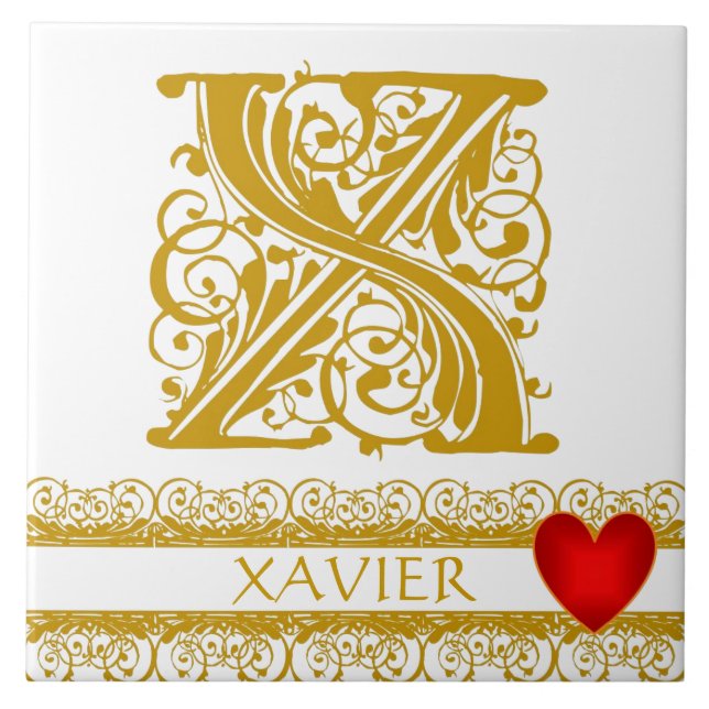 X Monogramme Nom Or dentelle rouge Carreau Modèle (Devant)