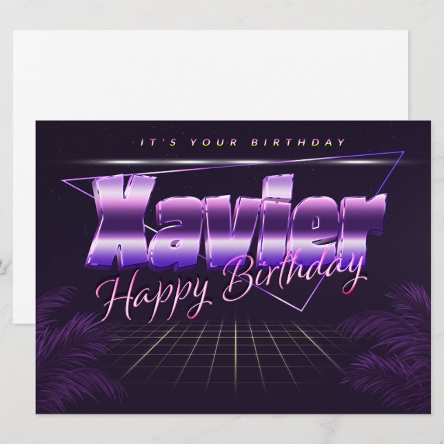 Xavier Nom Prénom carte rétro lilas Anniversaire (Devant / Derrière)