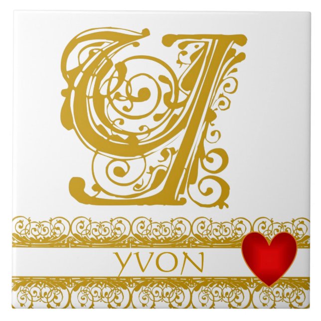 Y Monogramme Nom Or dentelle Rouge Carreau Modèle  (Devant)