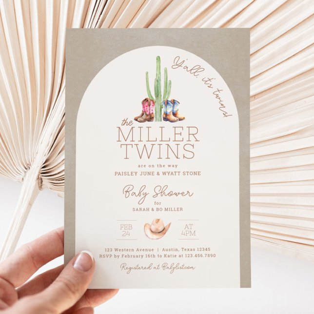 Y'all c'est Twins Baby shower Invitation (Twin Cowboy Cowgirl Baby Shower Invitation)