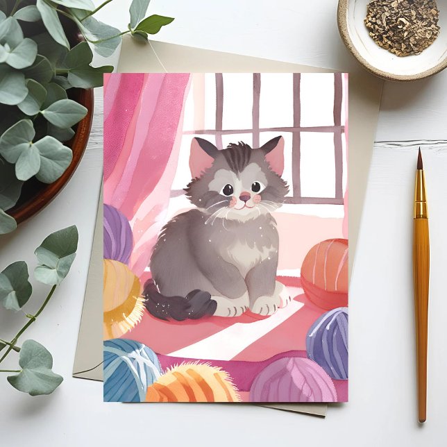 Yarn Ball Kitten | Carte Postale Cat Watercolor (Créateur téléchargé)