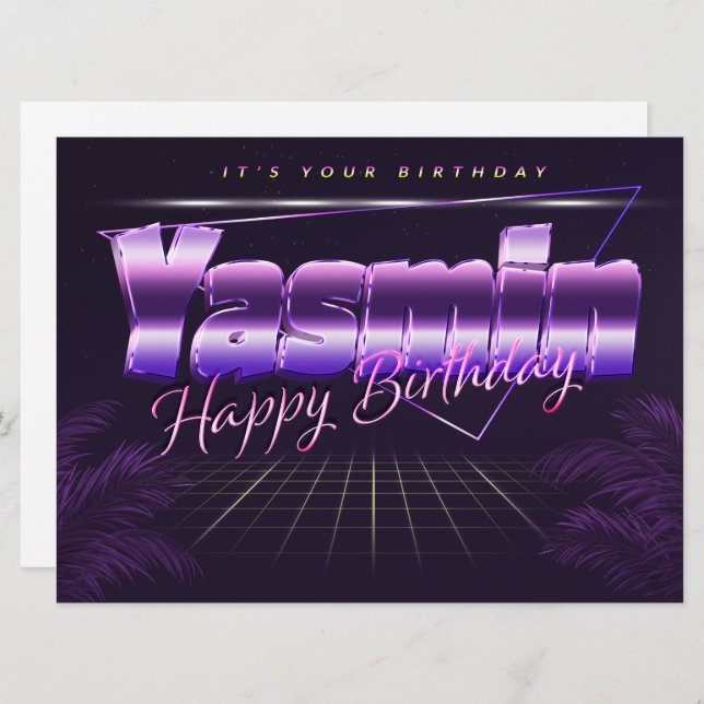Yasmin nom prénom carte rétro lila anniversaire (Devant / Derrière)
