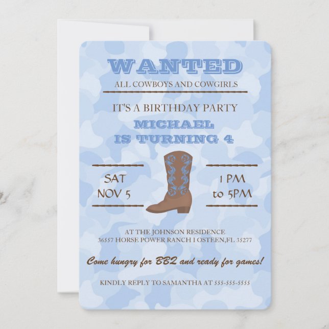 YEEHAW ! Invitation bleue de fête d'anniversaire (Devant)