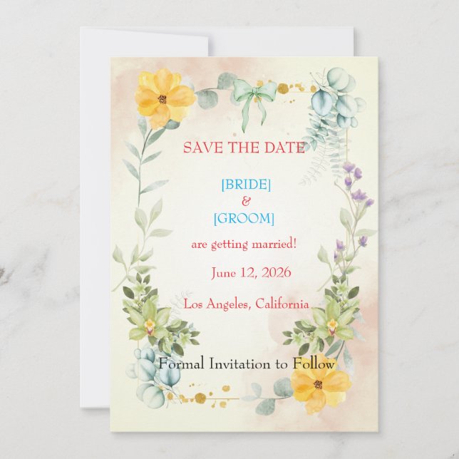 Yellow and Pink Floral Save the Date Card (Devant)