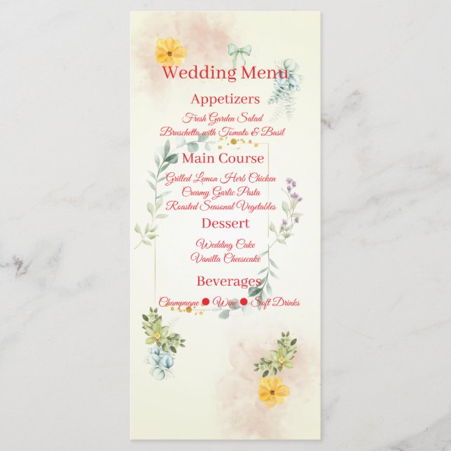 Yellow and Pink Floral Wedding Menu Card (Devant)