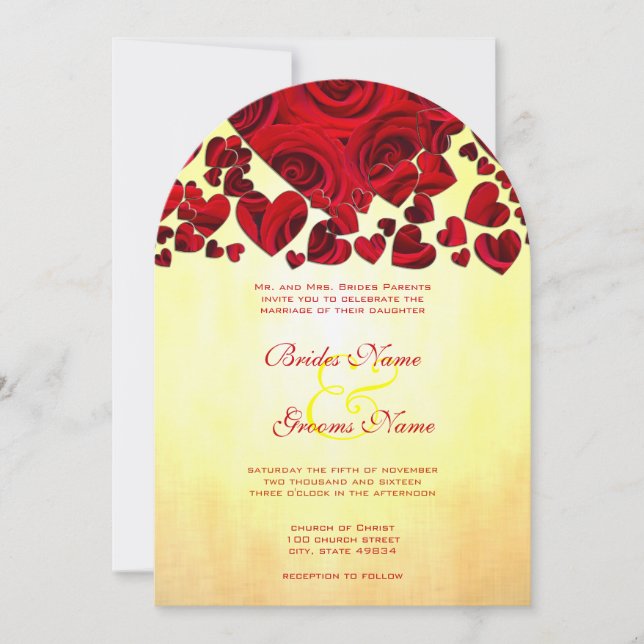 Yellow and Red Heart Roses Wedding Invitation (Devant)