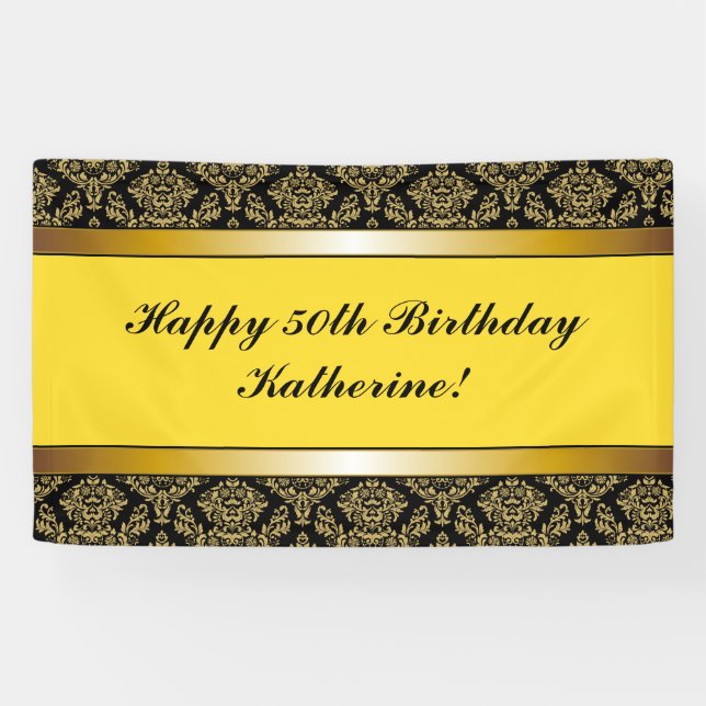 Yellow Any Age Gold Damask Anniversaire Bannière (Horizontal)