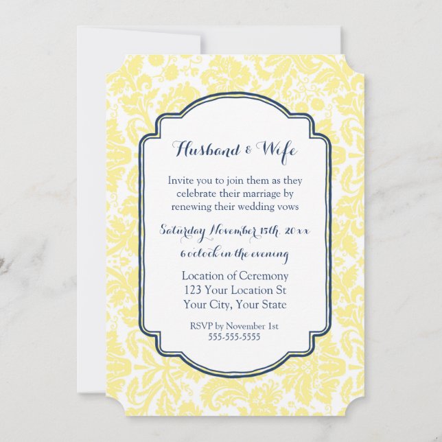 Yellow Blue Damask Vintage Vow Renewal Invitation (Dos)