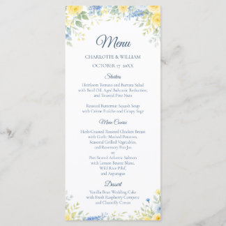 Yellow Blue Watercolor Floral Wedding Menu