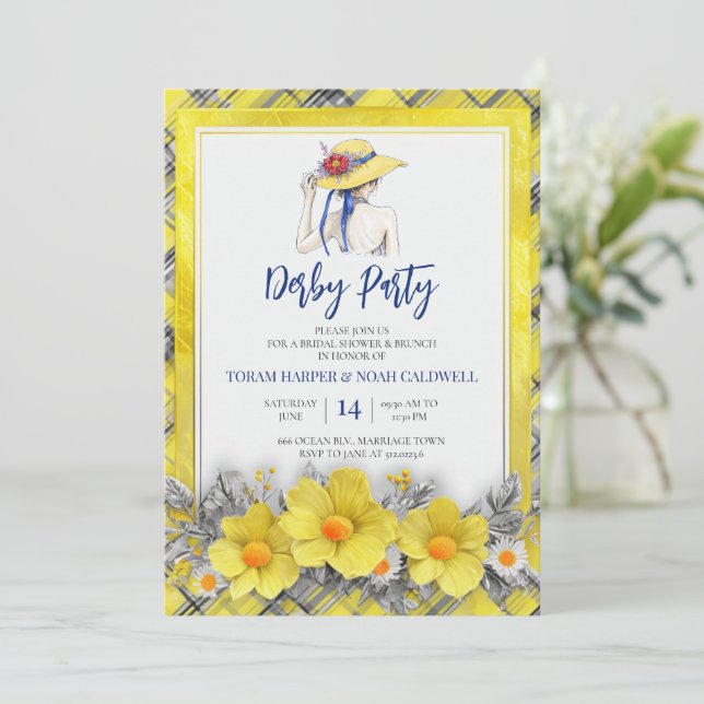 Yellow Derby Party Invitation Bridal Shower Plaid  (Debout devant)