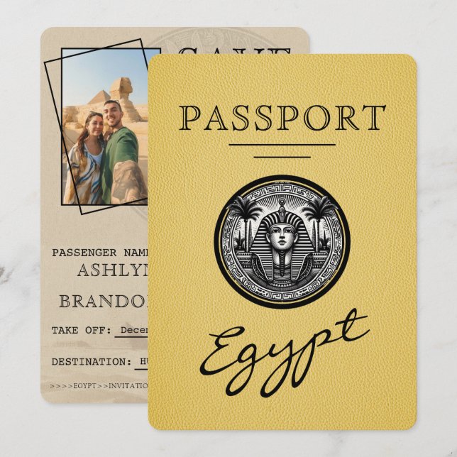 Yellow Egypt Passport Wedding Save the Date (Devant / Derrière)