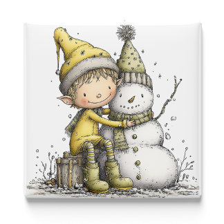 Yellow Elf Snowman Christmas Magnet